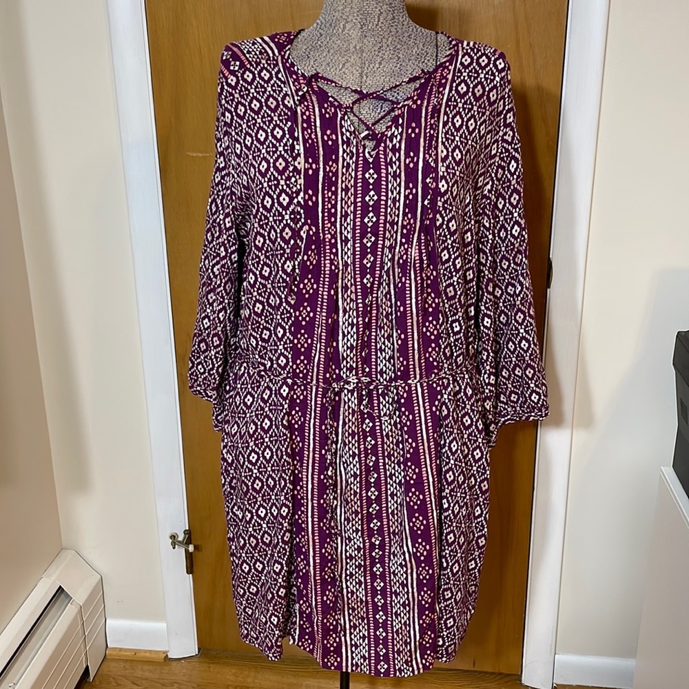Sonoma NWT Womens XL Purple Tan White Long Sleeve Dress with Tie Belt